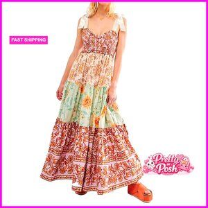 Polyester Floral Maxi Dress with Tie Shoulder Smocked Boho Pockets